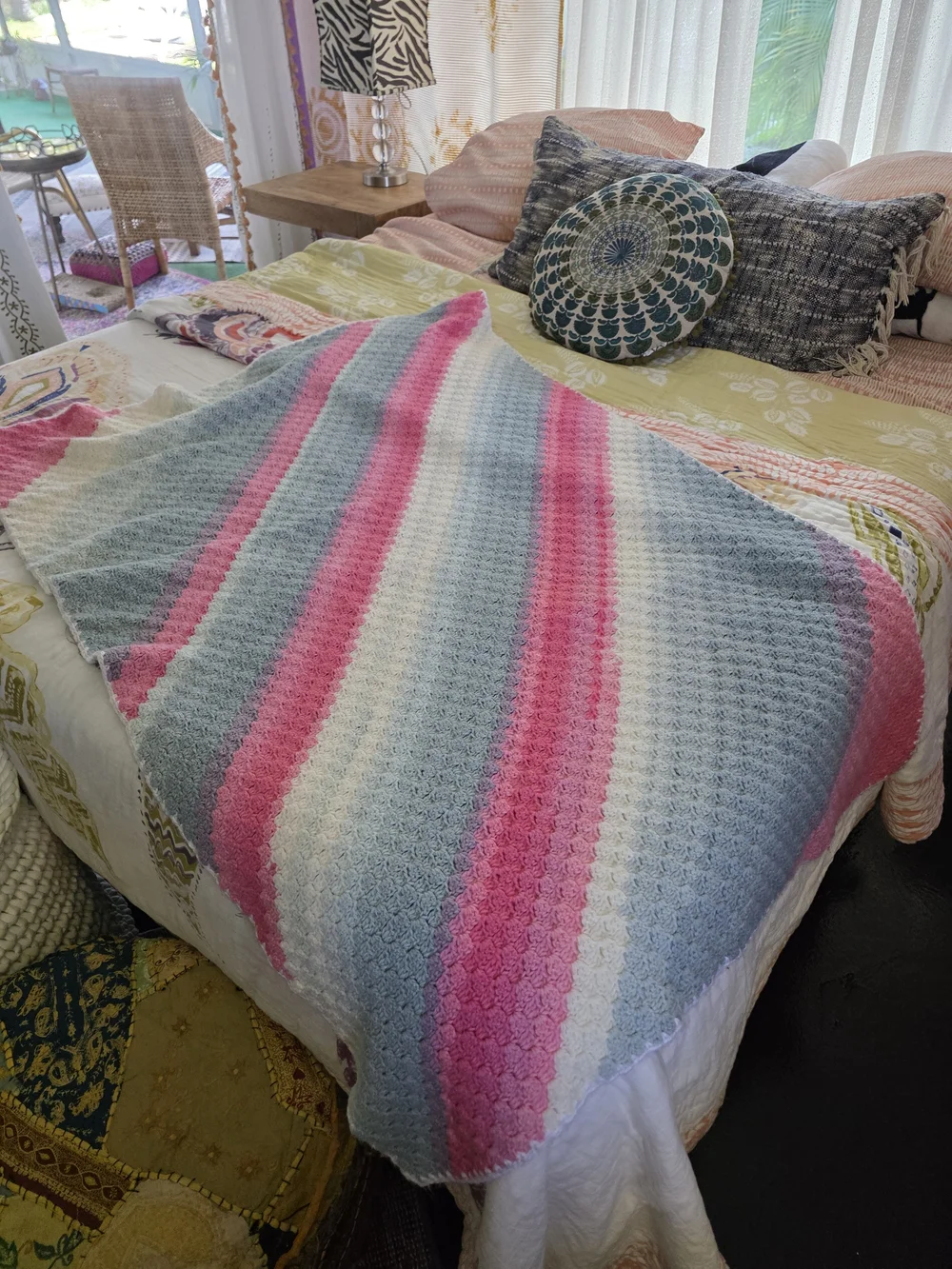 Handmade Striped Crochet Throw Blanket - Pink, Blue & White